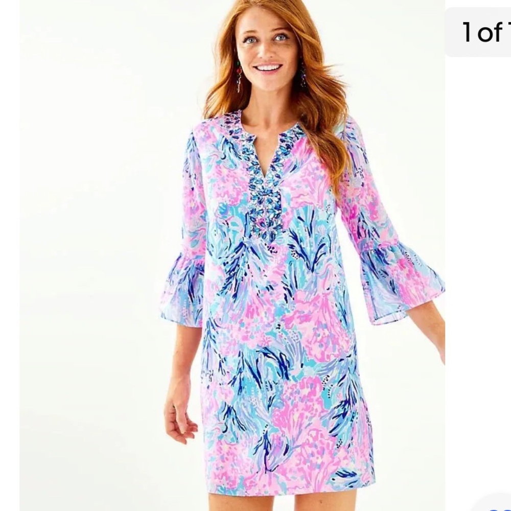 NWT Lilly Pulitzer Elenora Silk Dress Periwinkle Purple Fan Sea Pants Size M